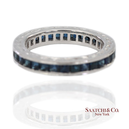 Vintage 14K (585) White Gold All Around Natural Sapphire Engraving Band Ring