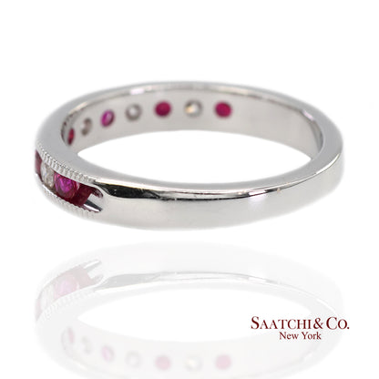 14K (585) Solid White Gold Natural Diamond and Ruby Half Band Ring