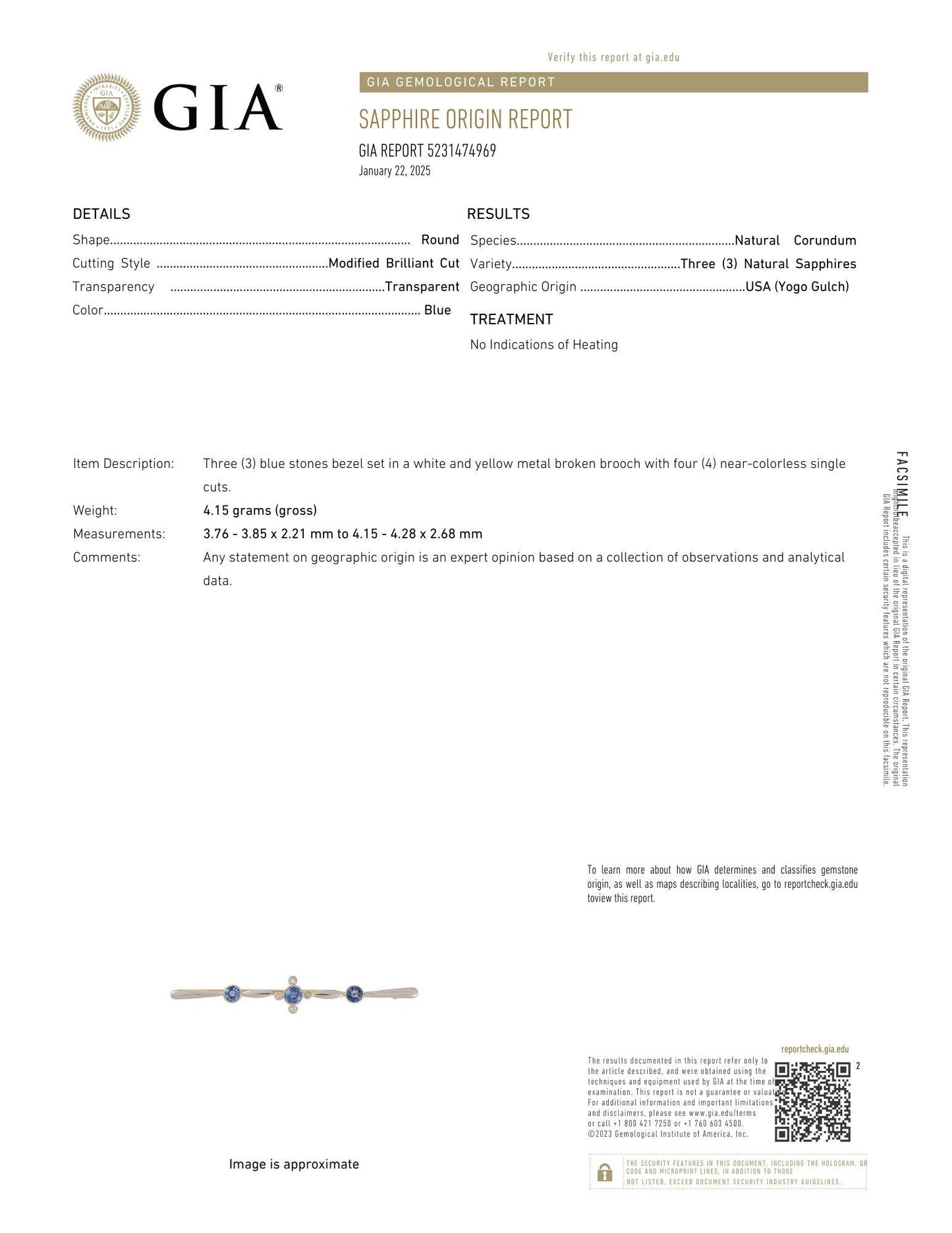 GIA 14K Yellow and White Gold Natural Sapphire Yogo Gulch and Diamond Brooch/Pin