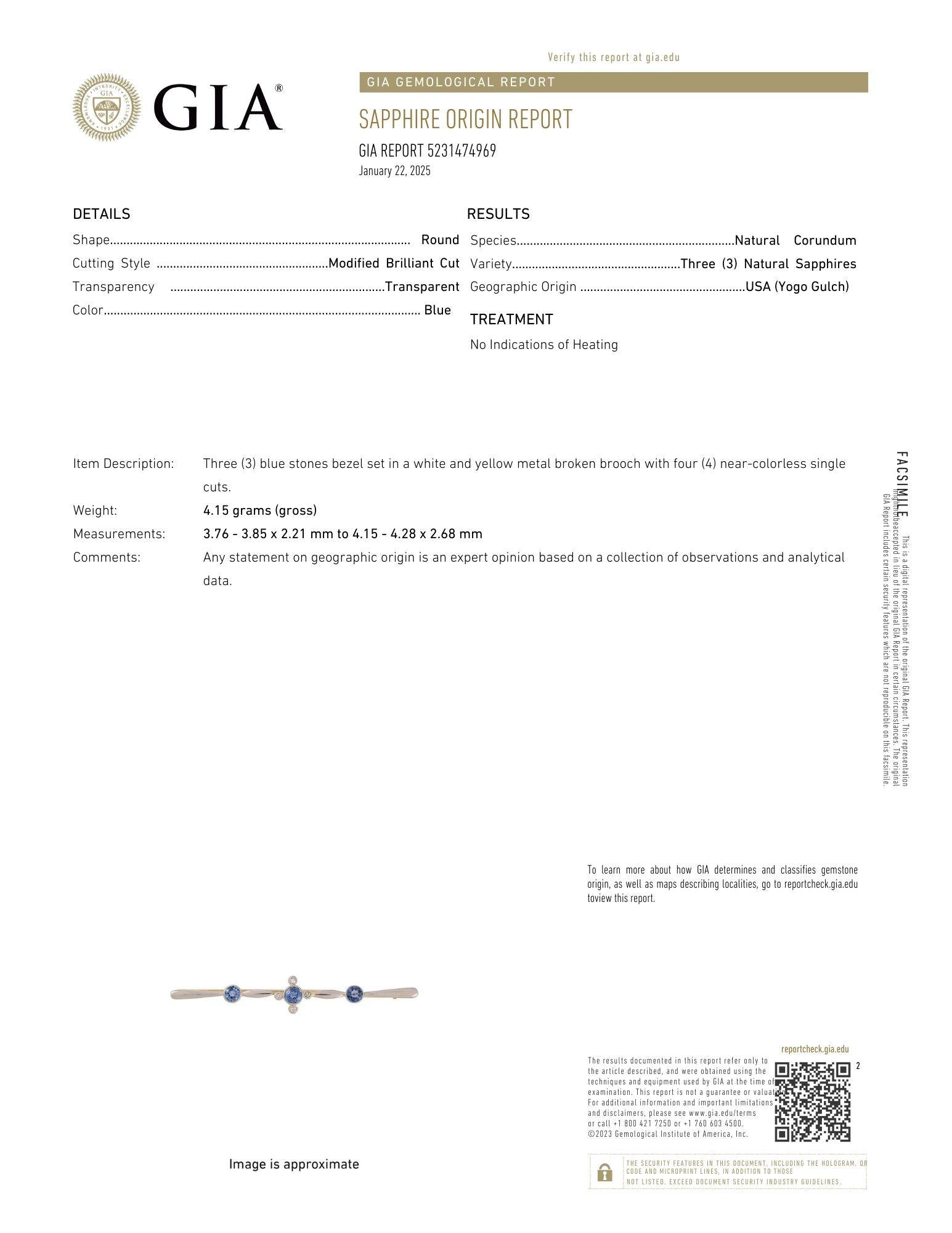 GIA 14K Yellow and White Gold Natural Sapphire Yogo Gulch and Diamond Brooch/Pin