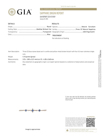 GIA 14K Yellow and White Gold Natural Sapphire Yogo Gulch and Diamond Brooch/Pin