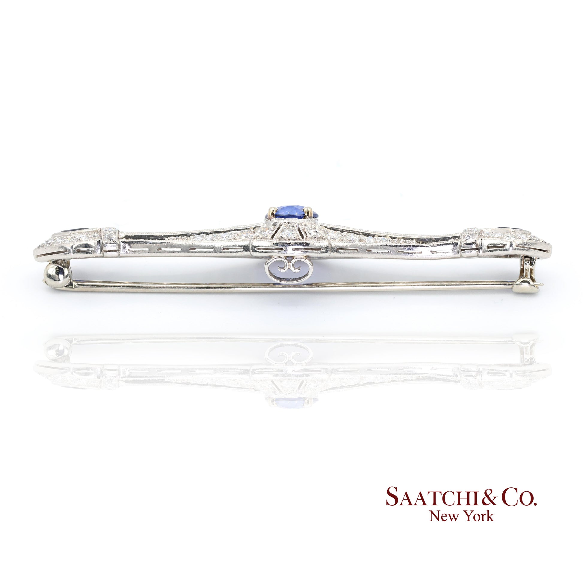 Platinum 950 Natural Sapphire and Diamond Brooch