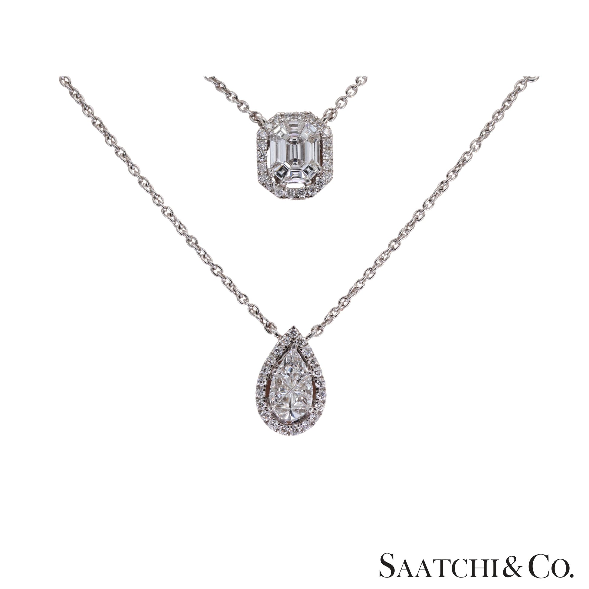 18k white gold pie cut pear and Emerald setting natural diamond necklace