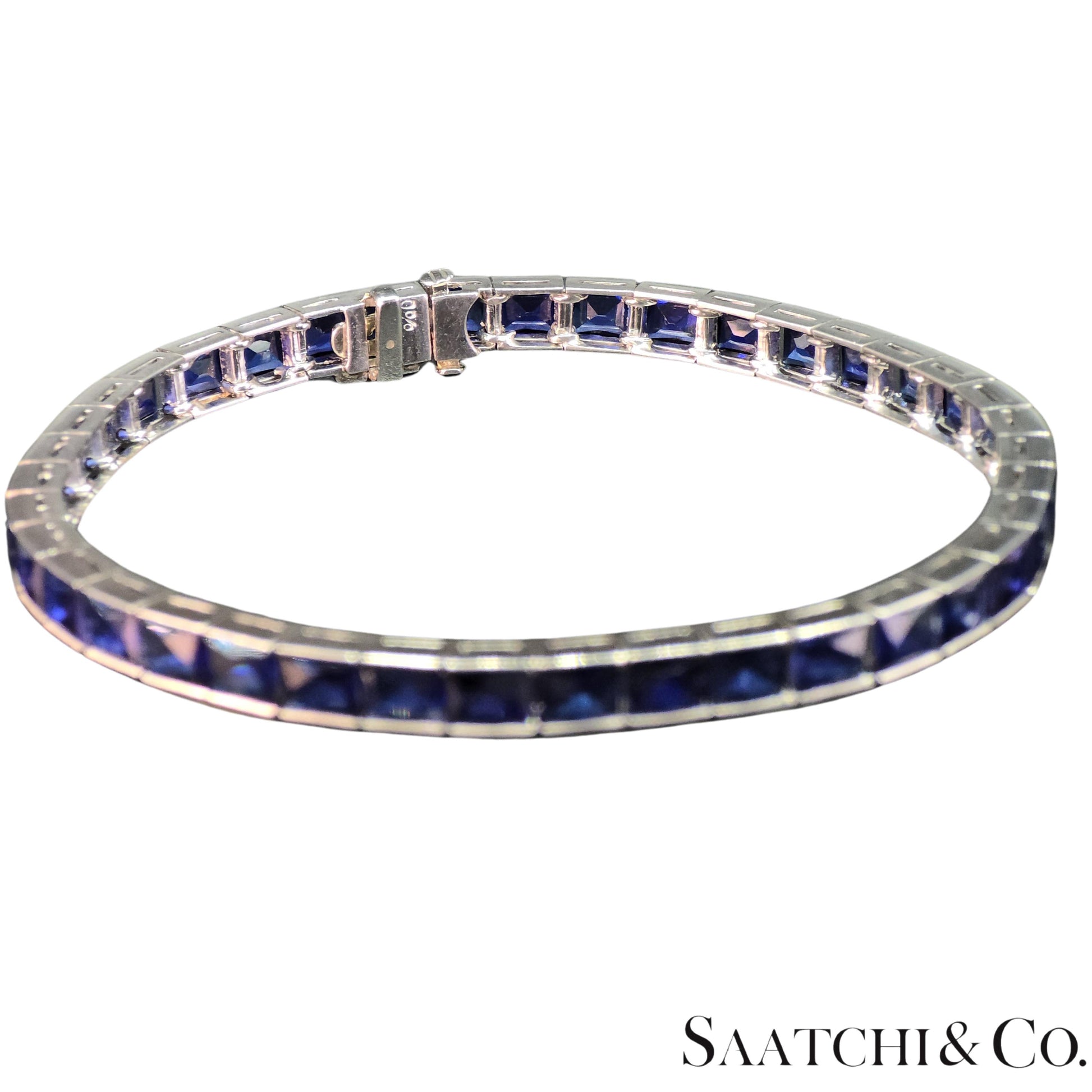 Platinum (950) LAB Created Top Quality Sapphire Grench Cut: Tennis Bracelet