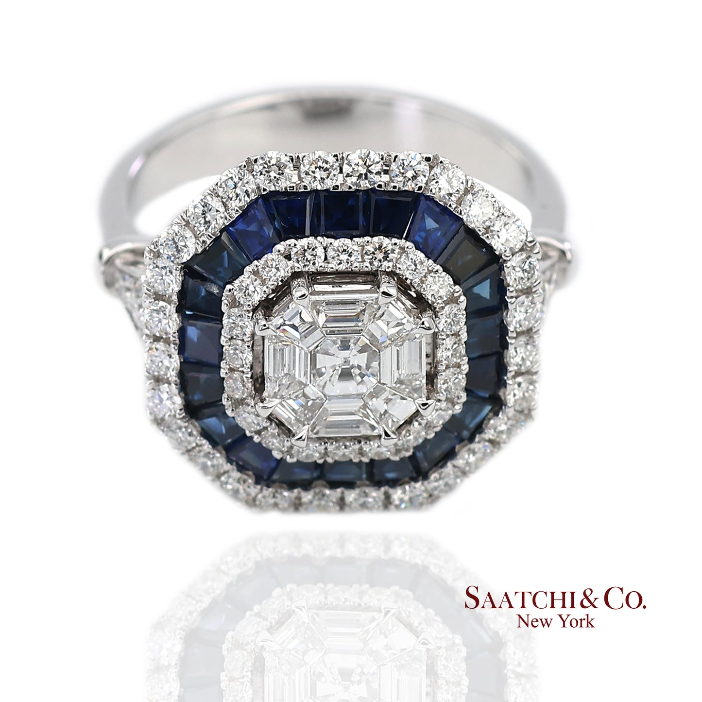 18K(750) White Gold Royal Blue Sapphire and Asscher Pie Cut Natural Diamond Ring