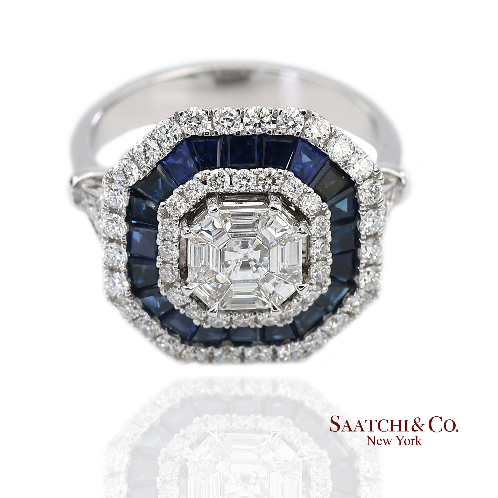 18K(750) White Gold Royal Blue Sapphire and Asscher Pie Cut Natural Diamond Ring