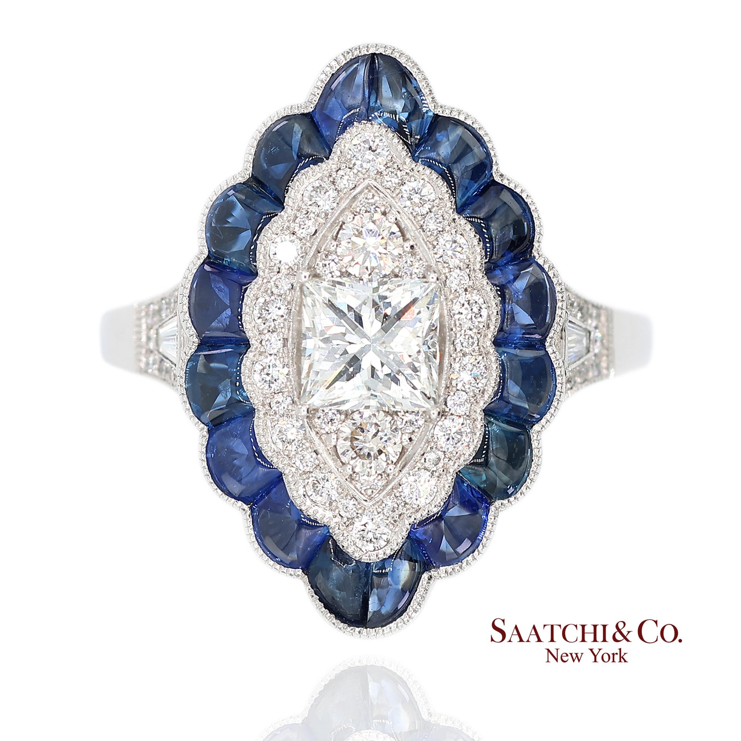 Platinum (950) Natural Diamond and Natural Sapphire Milgrain Ring