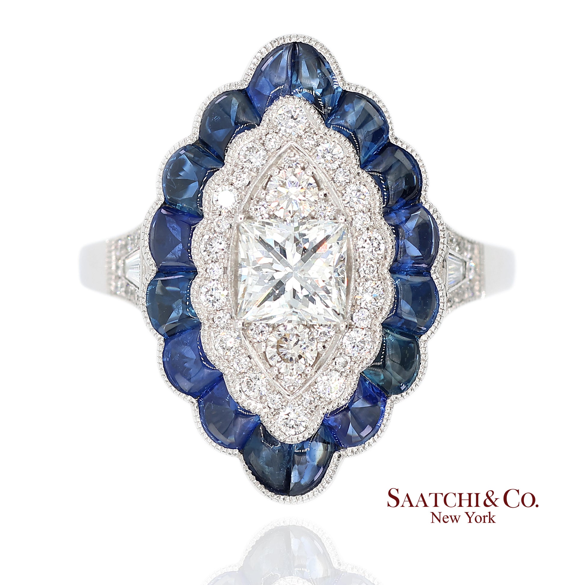 Platinum (950) Natural Diamond and Natural Sapphire Milgrain Ring