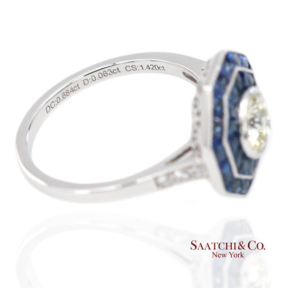 Platinum 950 Natural Diamond and Natural Sapphire Milgrain Ring