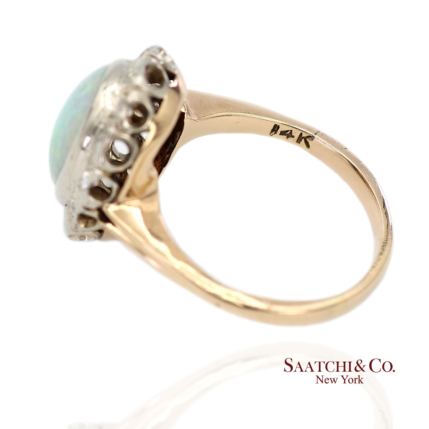 14K White and Yellow Gold Vintage Natural Diamond and Natural Opal Ring