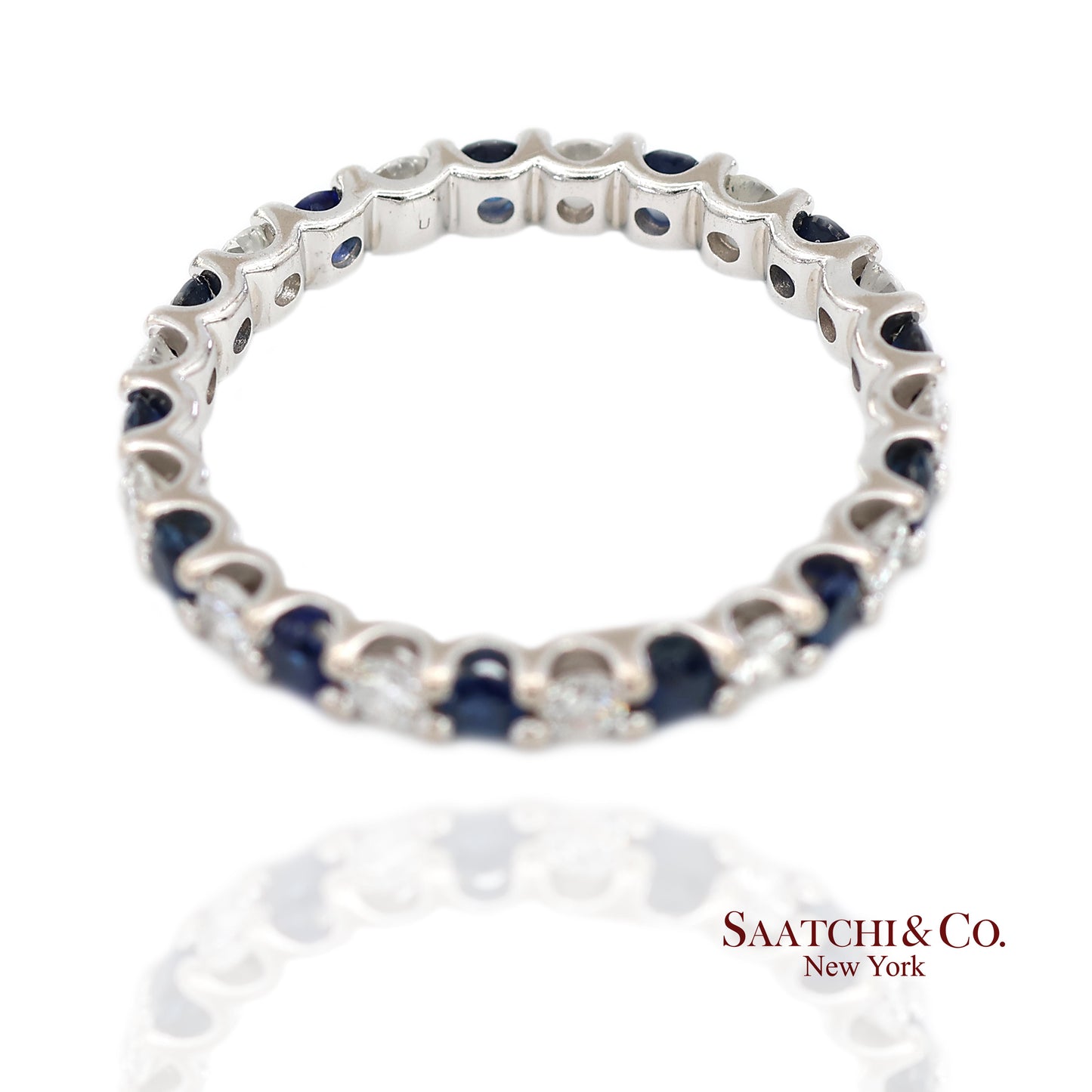 14K White Gold Natural Brilliant Diamond and Sapphire Band Ring