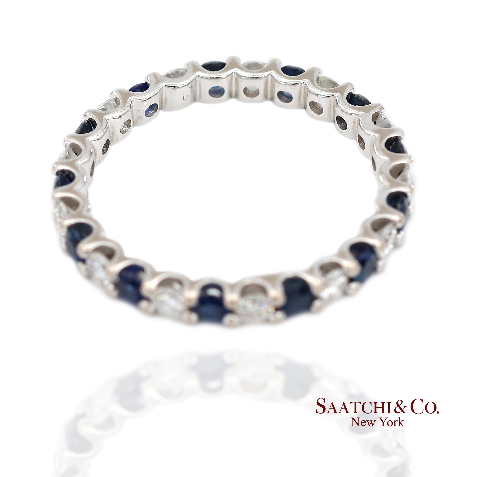 14K White Gold Natural Brilliant Diamond and Sapphire Band Ring