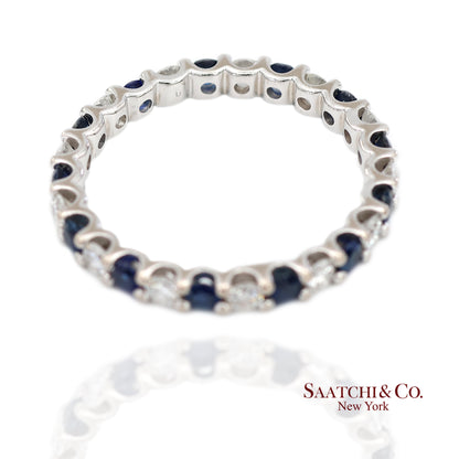 14K White Gold Natural Brilliant Diamond and Sapphire Band Ring