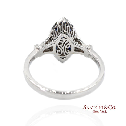 18K (750) White Gold Natural Diamond and Sapphire Marquise Milgrain Ring