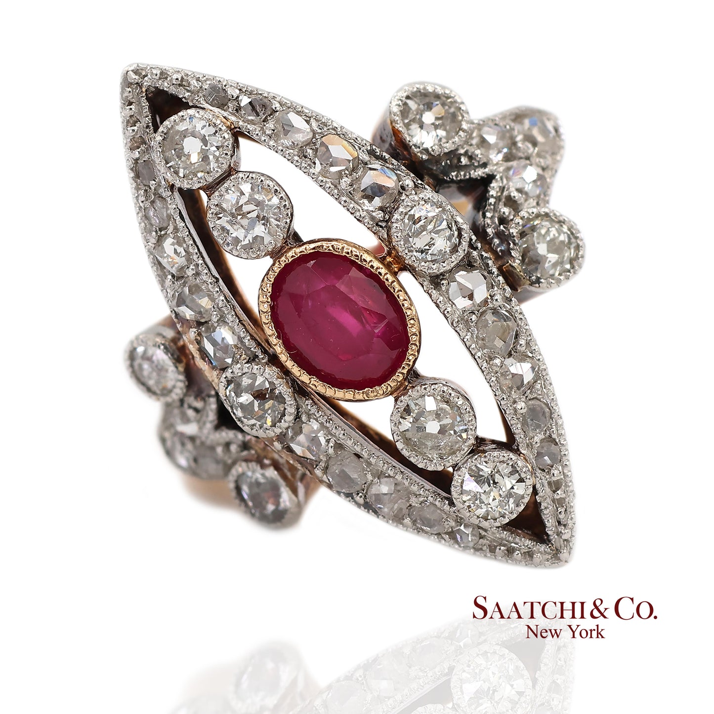 Vintage 14K(585) Yellow and White Gold Natural Diamond and Ruby Ring