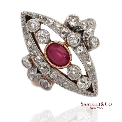 Vintage 14K(585) Yellow and White Gold Natural Diamond and Ruby Ring