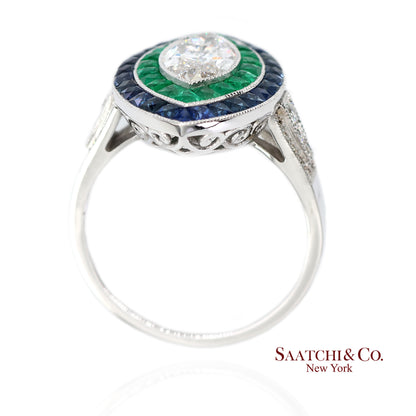 GIA_18K 750 Solid White Gold Natural Diamond Emerald and Sapphire Milgrain Ring