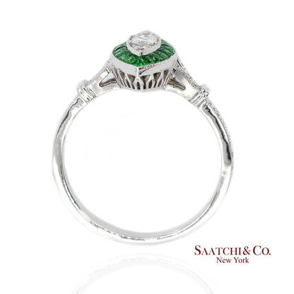 18K (750) White Gold Natural Diamond and Tsavorite Marquise Milgrain Ring