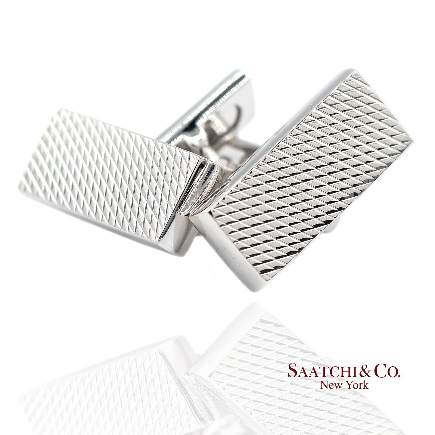 Asprey London 18K(750) Solid White Gold Classic Rectangular Crosshatch Cufflinks