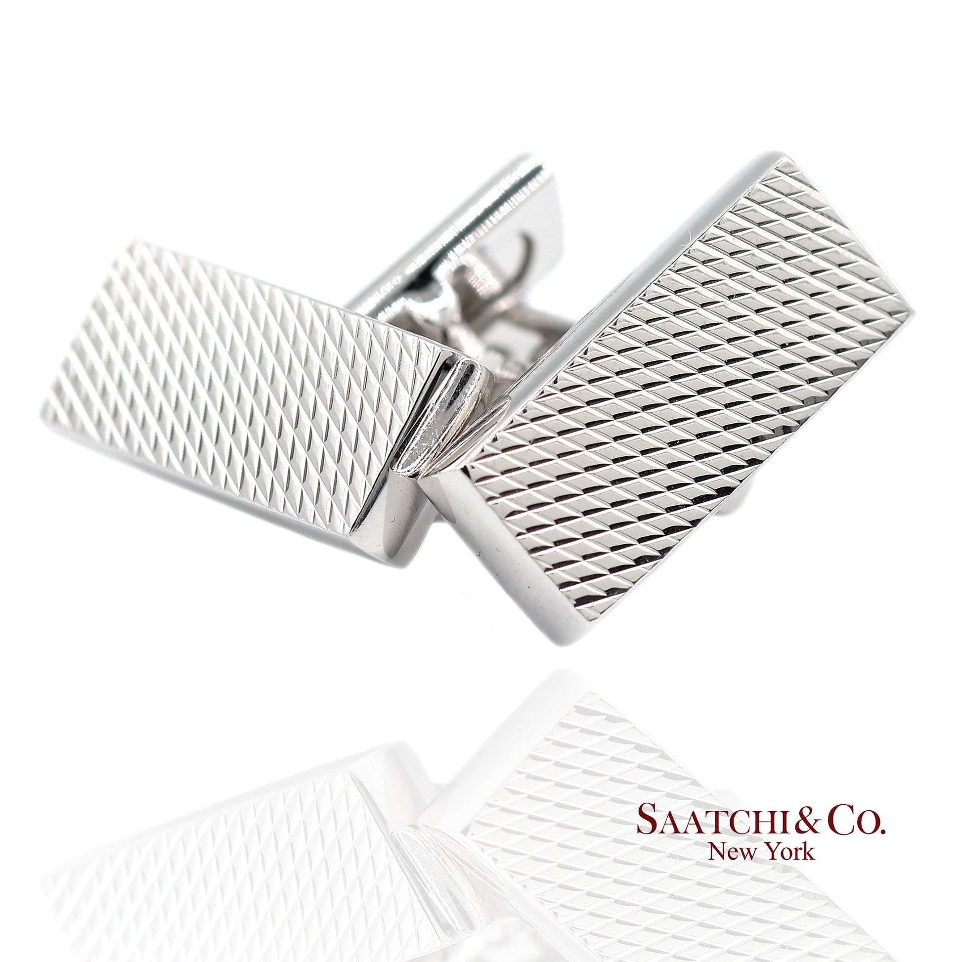 Asprey London 18K(750) Solid White Gold Classic Rectangular Crosshatch Cufflinks
