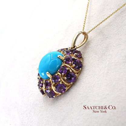 14K Yellow Gold Carlo Viani Turquoise and Amethyst Pendant Necklace with Chain