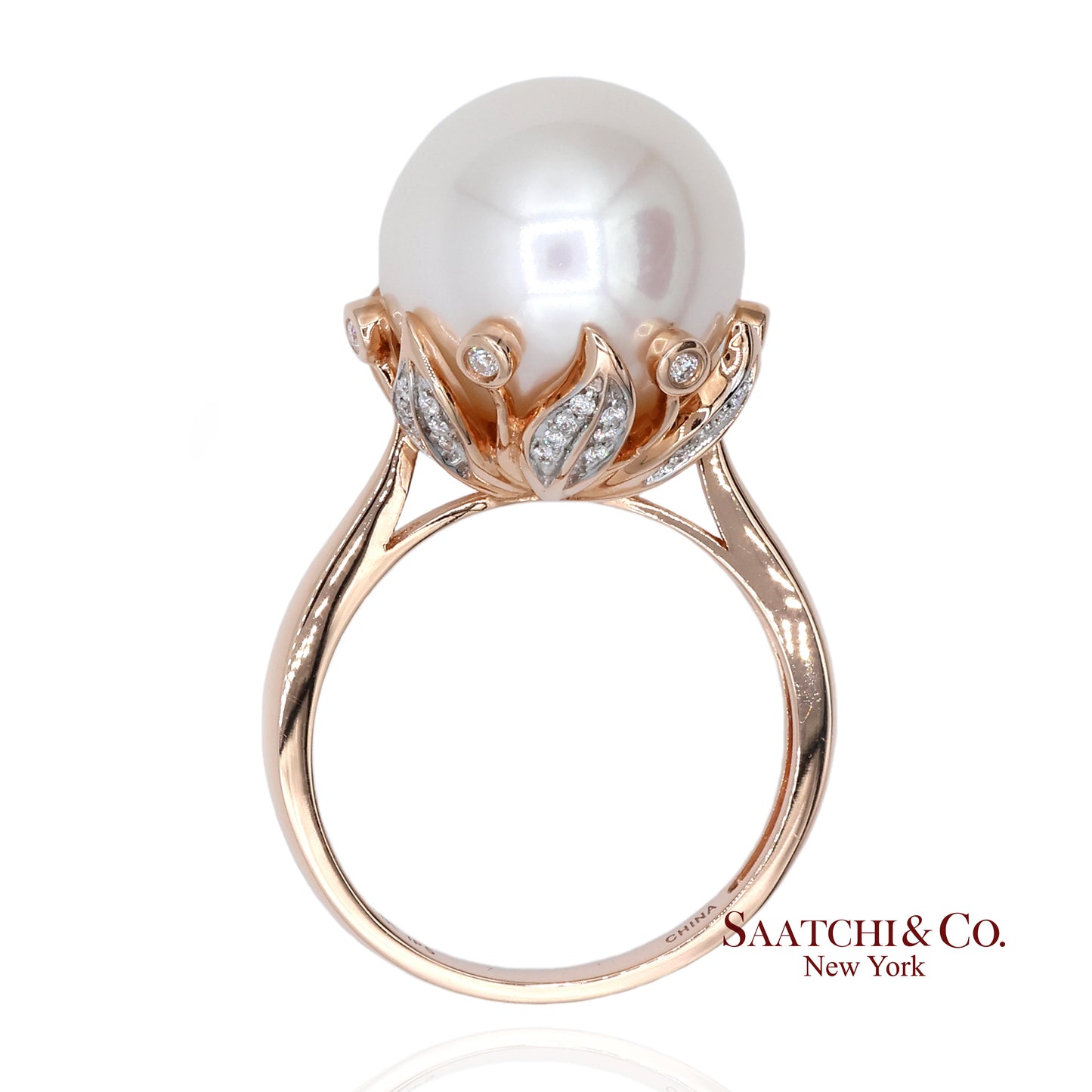 14K (585) Rose Gold Natural Brilliant Diamond and White Pearl Ring