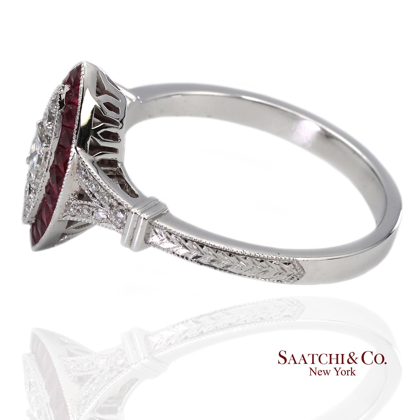 18K (750) White Gold Natural Diamond and Marquise Ruby Milgrain Ring