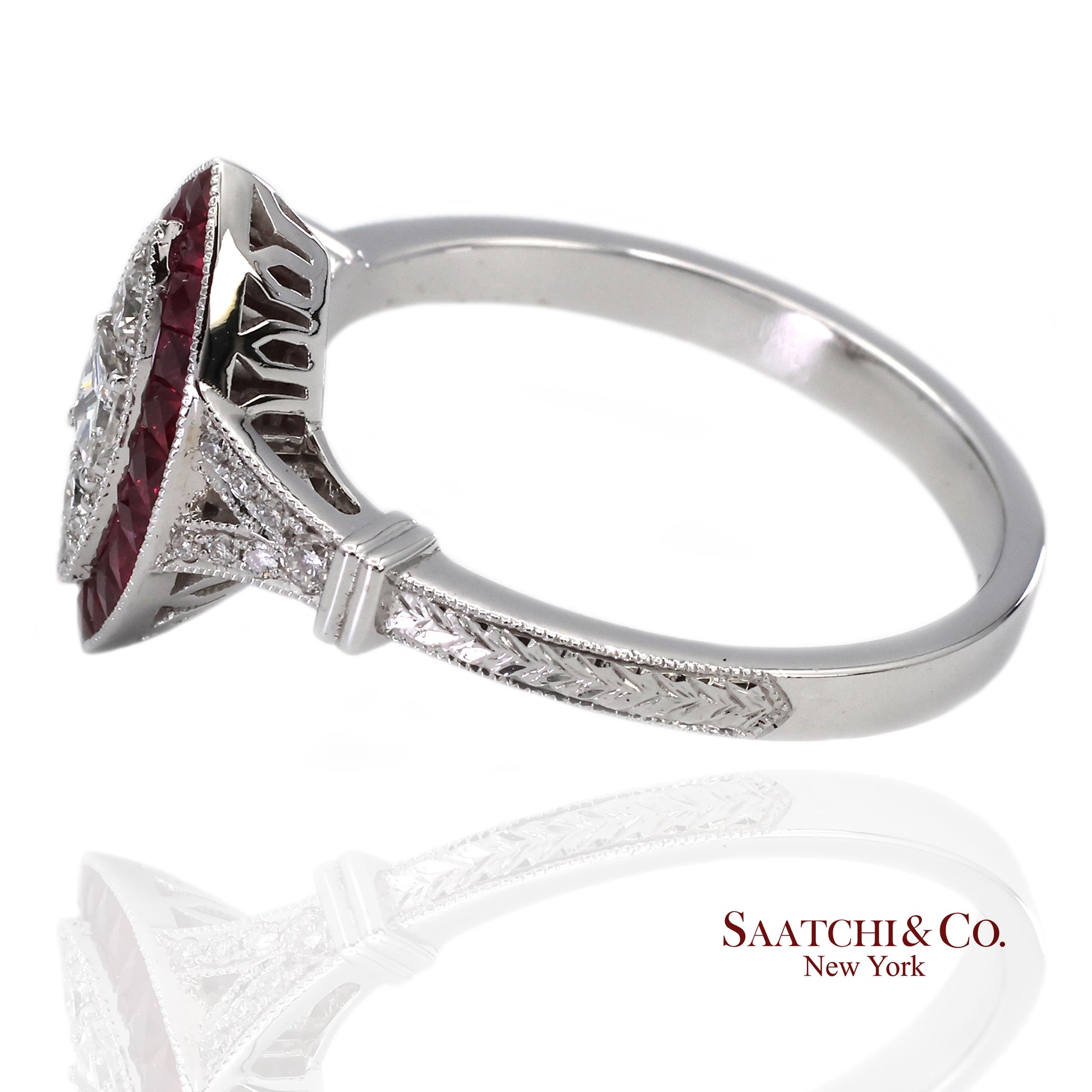 18K (750) White Gold Natural Diamond and Marquise Ruby Milgrain Ring