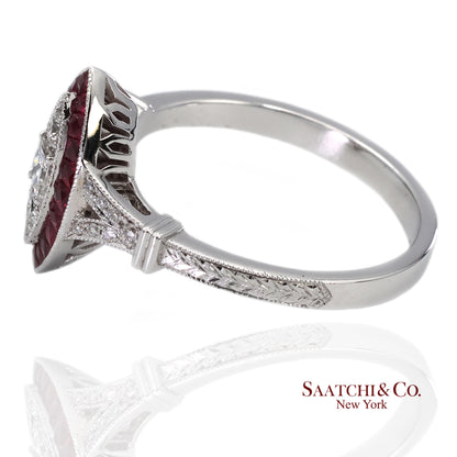 18K (750) White Gold Natural Diamond and Marquise Ruby Milgrain Ring