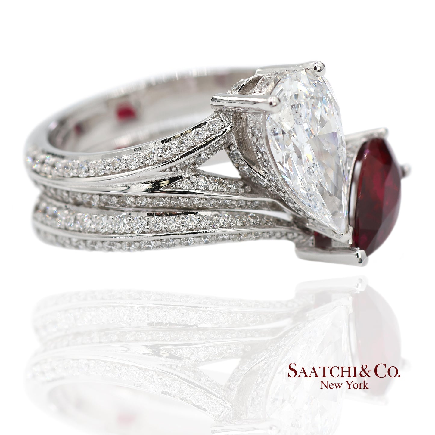 18K(750) Solid White Gold Natural Diamond and Ruby Toi et Moi Ring