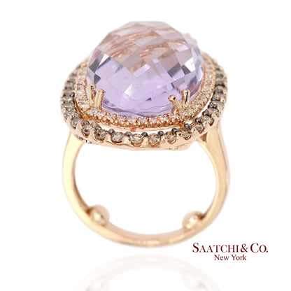 14K (585) Rose Gold Natural Diamond and Amethyst Ring
