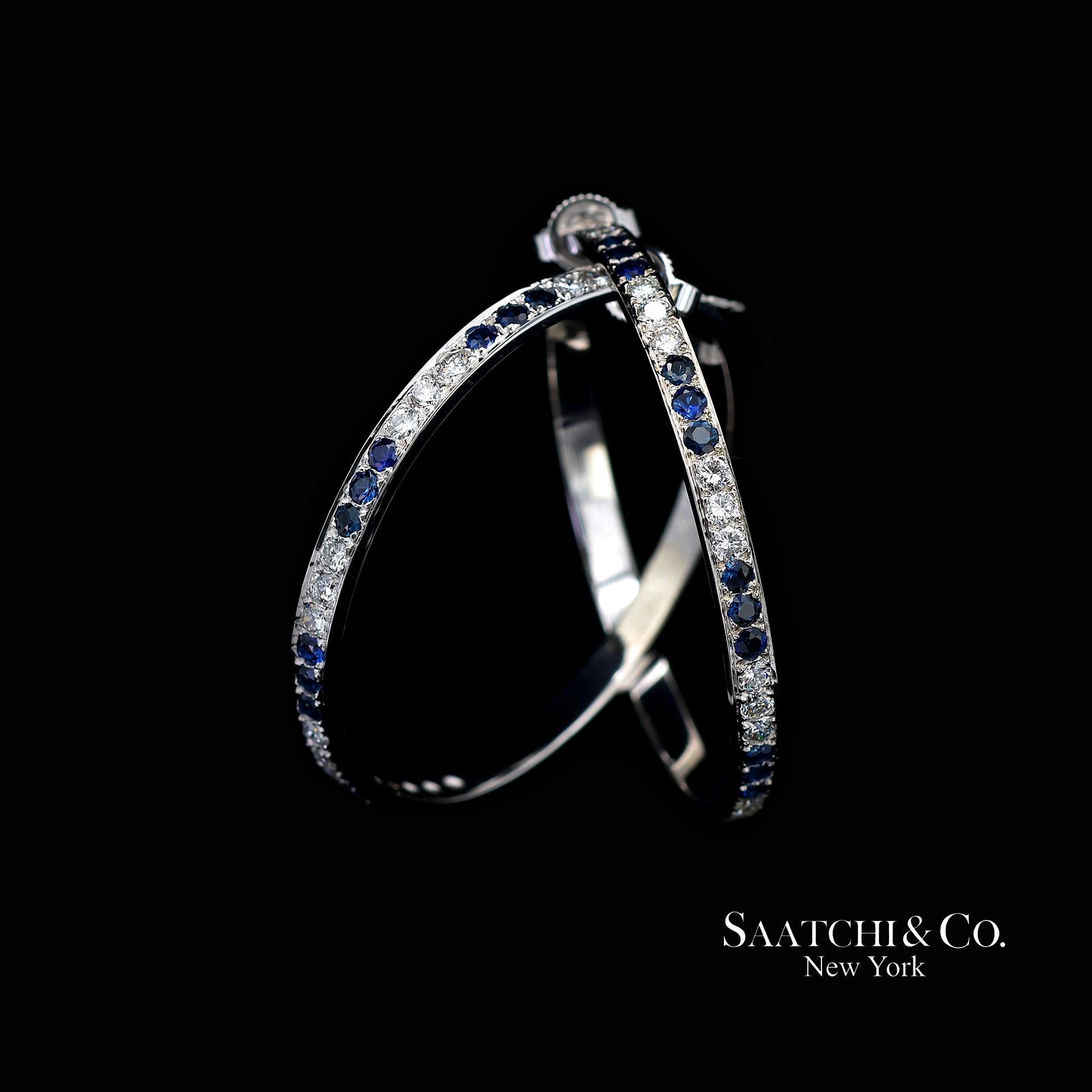 18K(750) Solid White Gold Natural Diamond and Sapphire Hoops Earrings