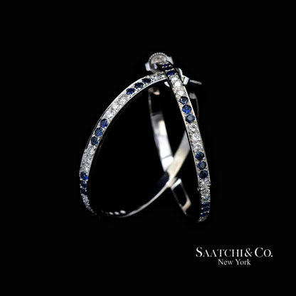 18K(750) Solid White Gold Natural Diamond and Sapphire Hoops Earrings
