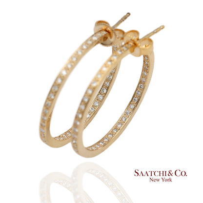 18K(750) Solid Yellow Gold In and Out Natural Diamond Hoop Earrings