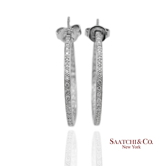 18K(750) Solid White Gold In and Out Natural Diamond Hoop Earrings