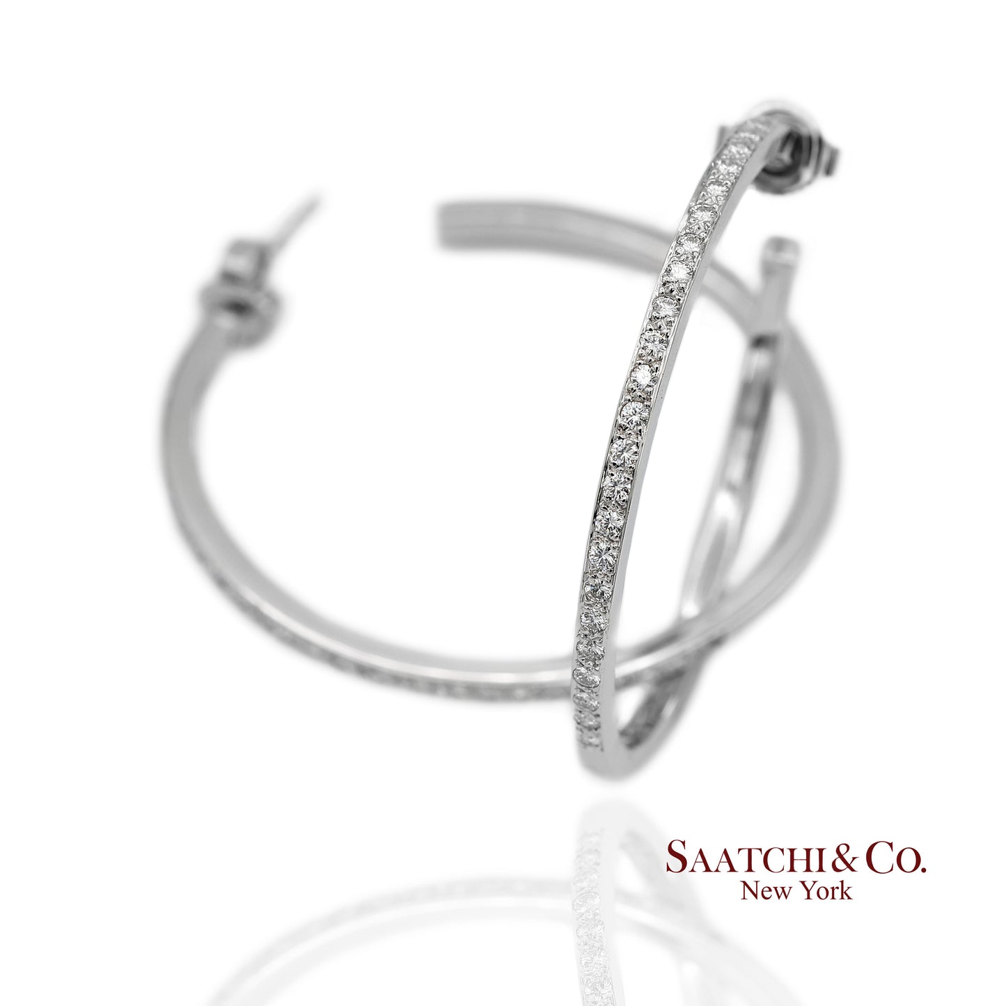18K(750) Solid White Gold Natural Diamond Hoop Earrings