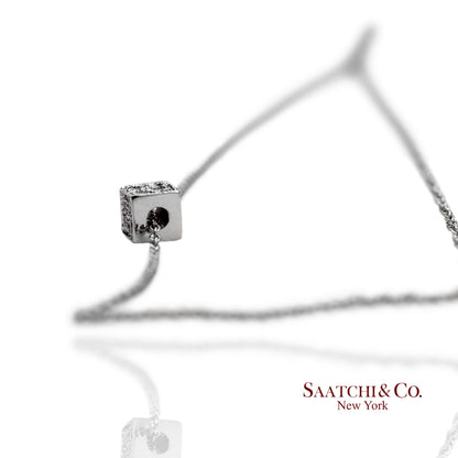 18K(750) White Gold Natural Diamond Box Shape Pendant Necklace with Chain