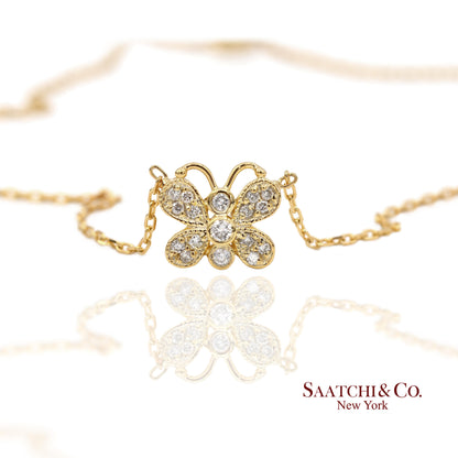 14K(585) Yellow Gold Natural Diamond Butterfly Pendant Necklace with Chain