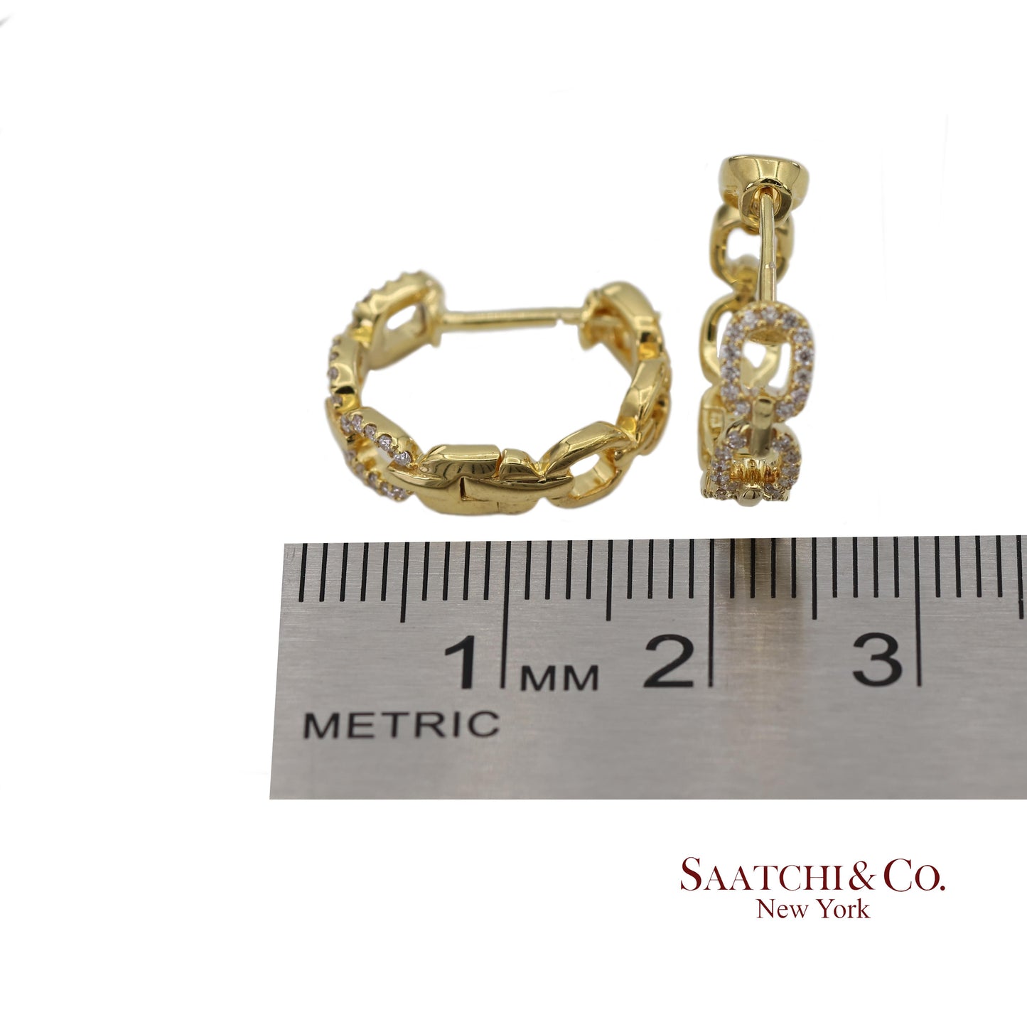 14K(585) Solid Yellow Gold Natural Diamond Link Chain Huggies Earrings
