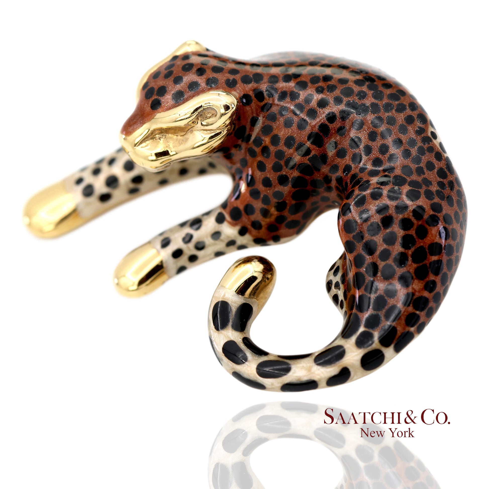 14K (585) Solid Yellow Gold Enamel Leopard Pendant Necklace