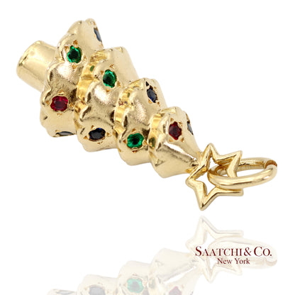 Tiffany & Co. 18K 750 Yellow Gold Rainbow Gemstone Christmas Tree Charm Pendant