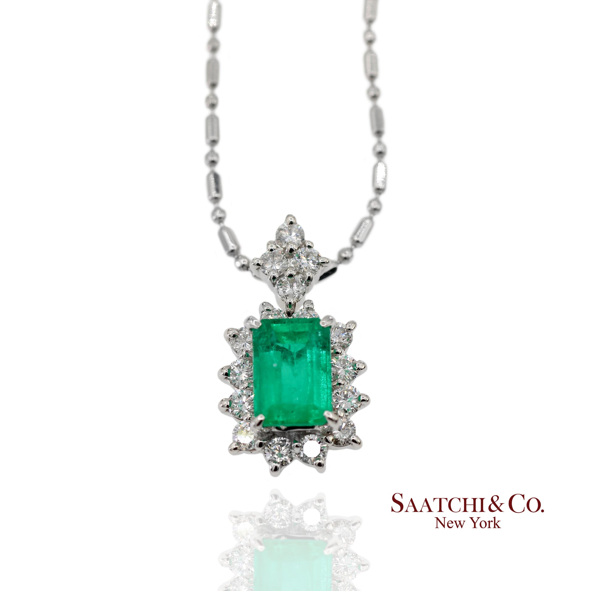 GIA Certified Platinum 900 Emerald & Diamond Pendant with Platinum 850 Chain
