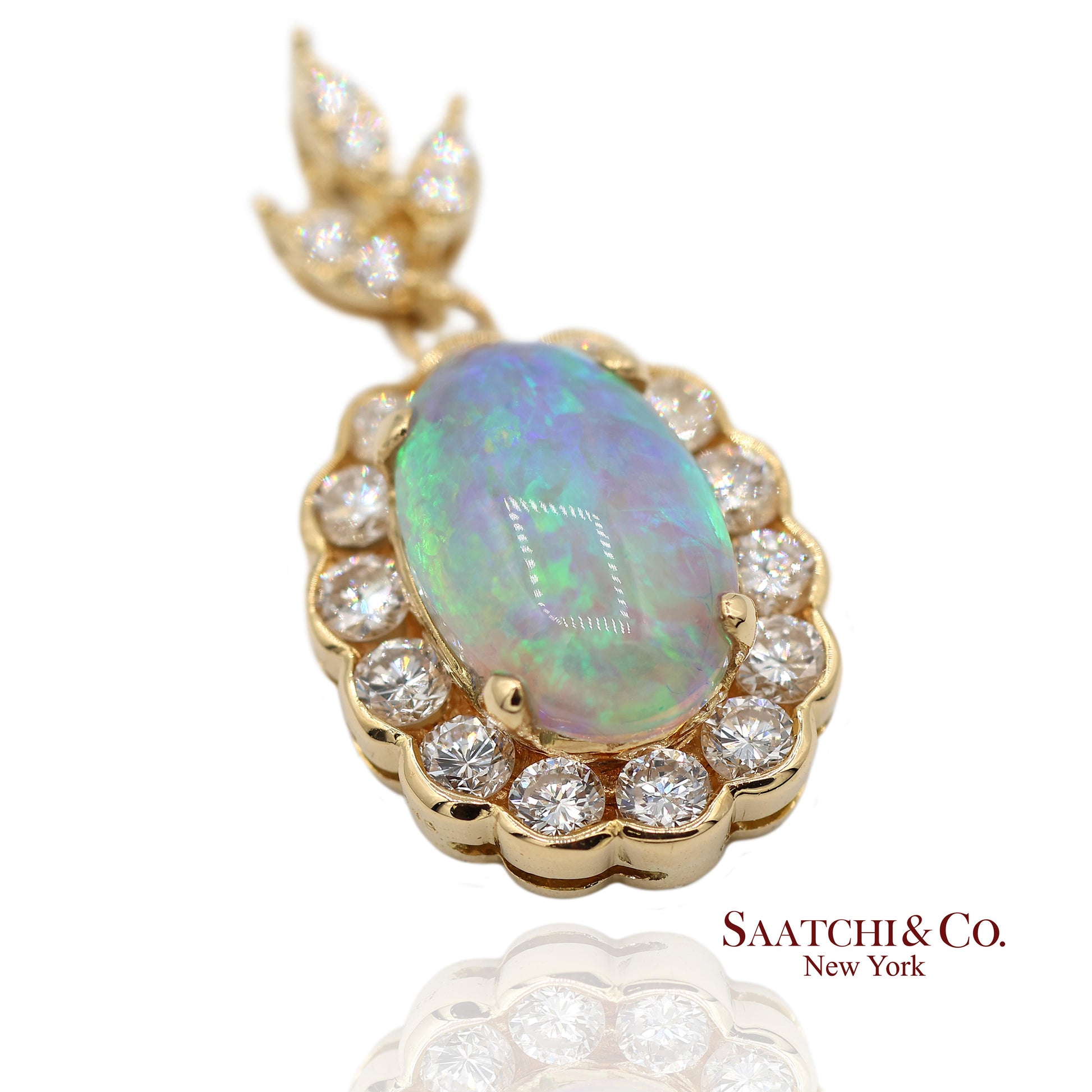 18K 750 Solid Yellow Gold Natural Diamond and Natural Opal Pendant Necklace