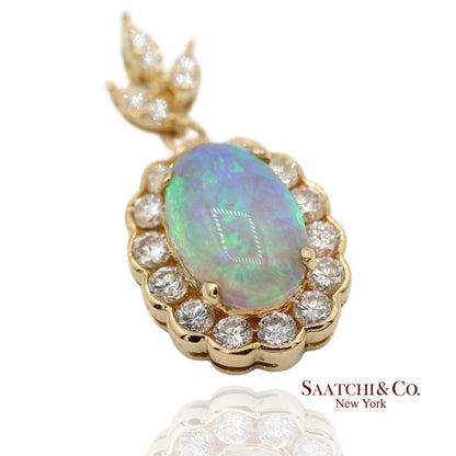 18K 750 Solid Yellow Gold Natural Diamond and Natural Opal Pendant Necklace
