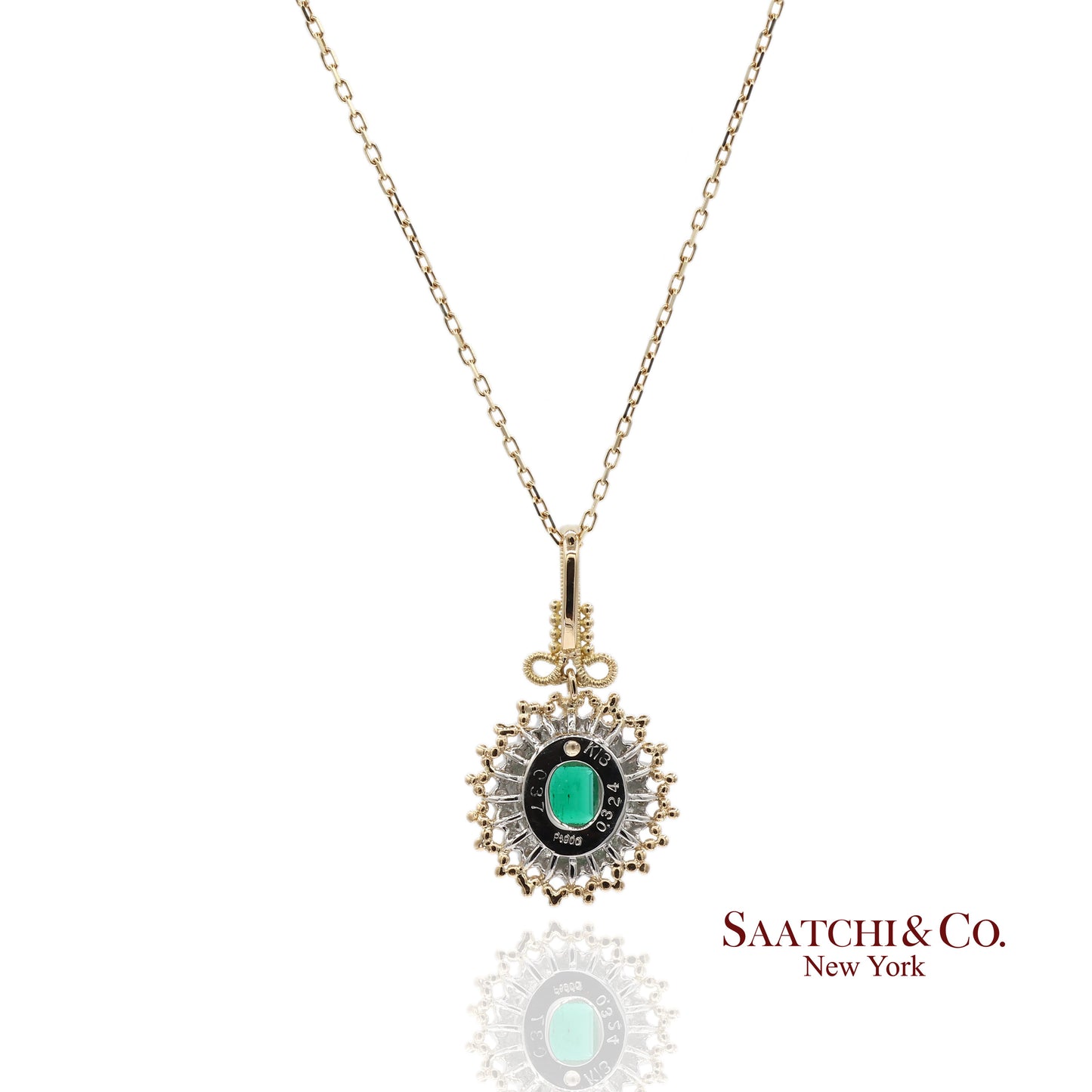 18K 750 Solid Yellow Gold & Platinum 900 Natural Diamond and Emerald Pendant