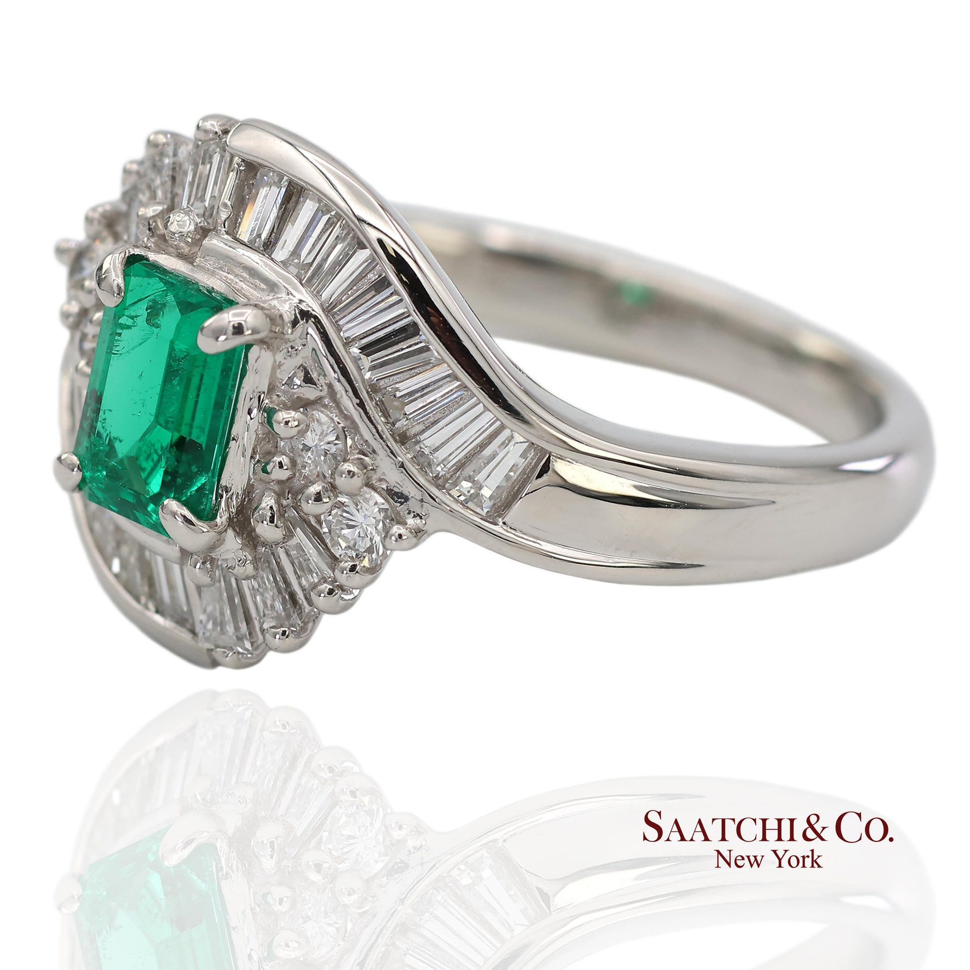GIA Certified Solid Platinum 900 Natural Diamond and Natural Emerald Ring
