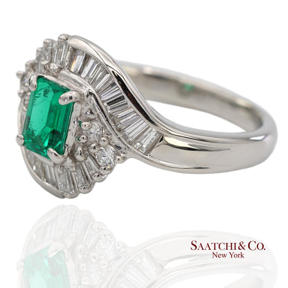 GIA Certified Solid Platinum 900 Natural Diamond and Natural Emerald Ring