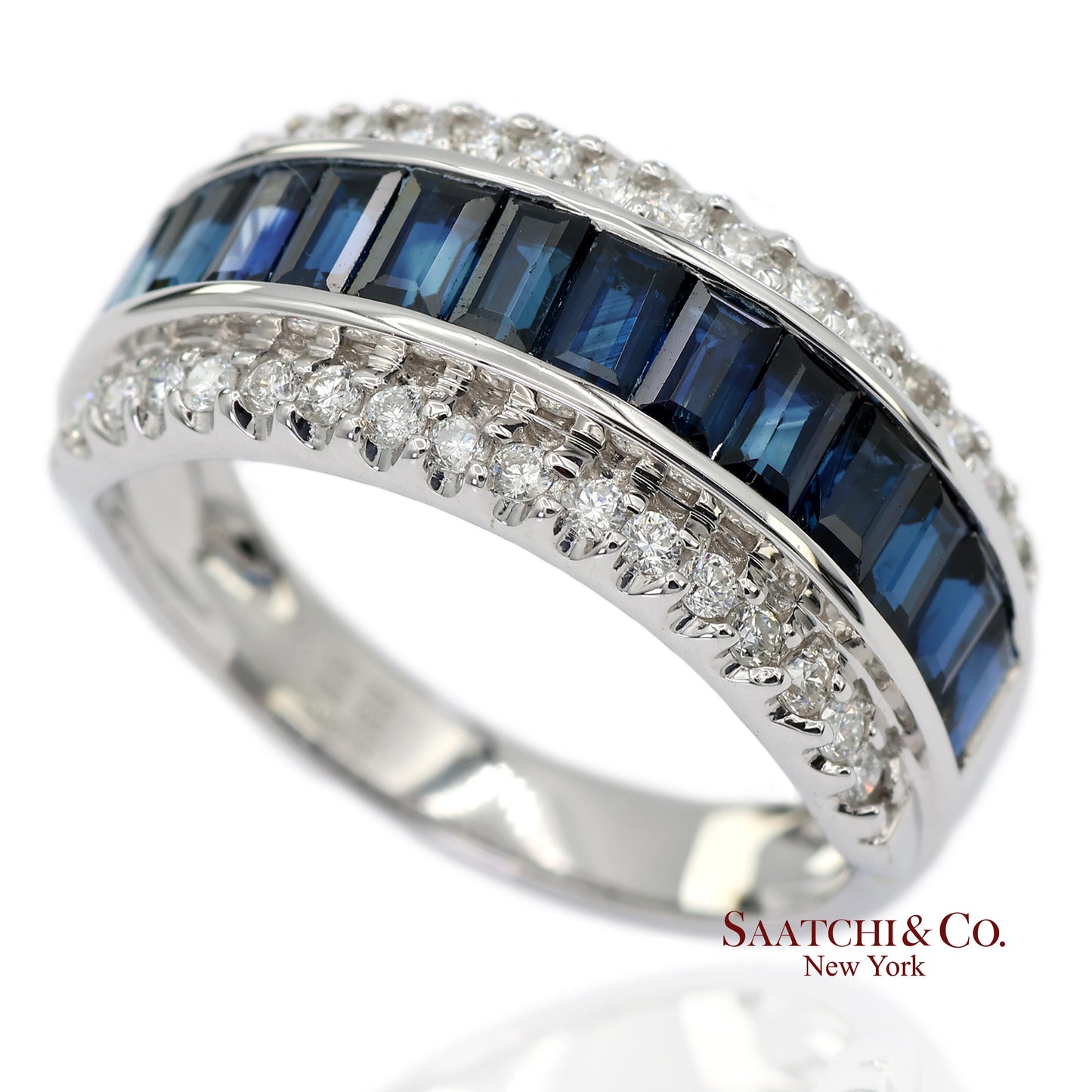 18K 750 Solid White Gold Natural Diamond and Natural Sapphire Band Ring