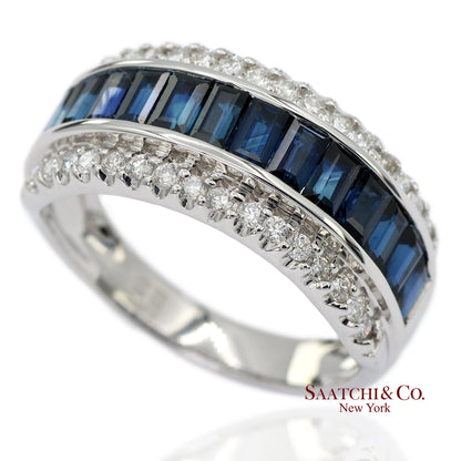 18K 750 Solid White Gold Natural Diamond and Natural Sapphire Band Ring