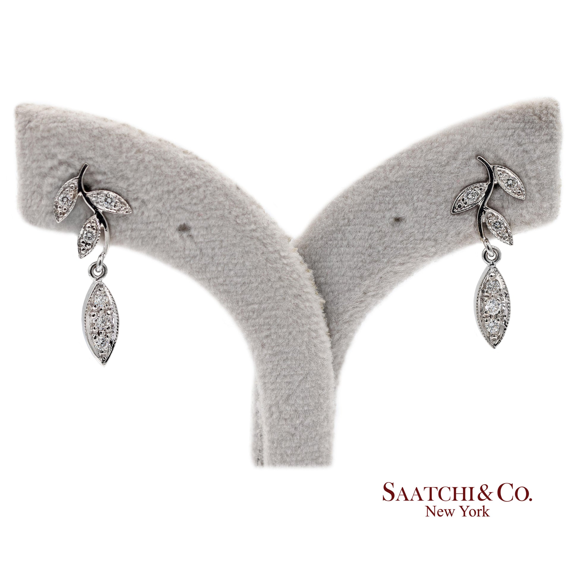 18K 750 Solid White Gold Marquise Shape Natural Diamond Leaf Drop Earrings
